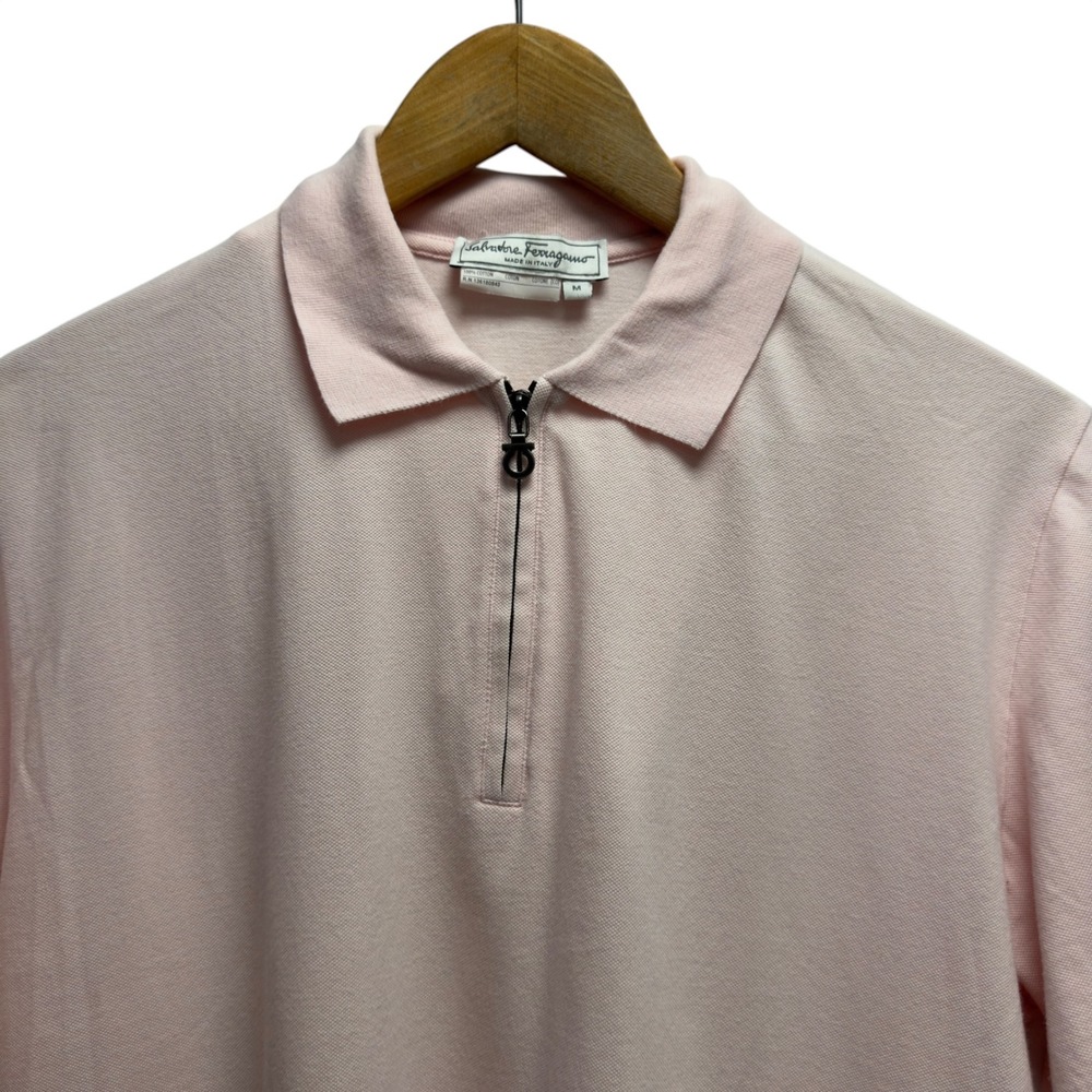 Salvatore Ferragamo Mens Medium Pink Gancini 1/4 Zip Cotton Polo Shirt Italy euc